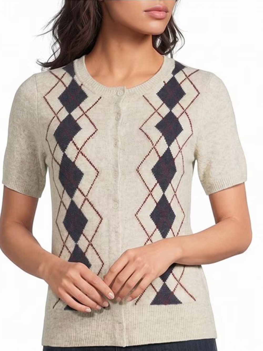 NWT🌷Lucky Brand Knit Argyle Design Round Neck Short Sleeve Sweater Cardigan
